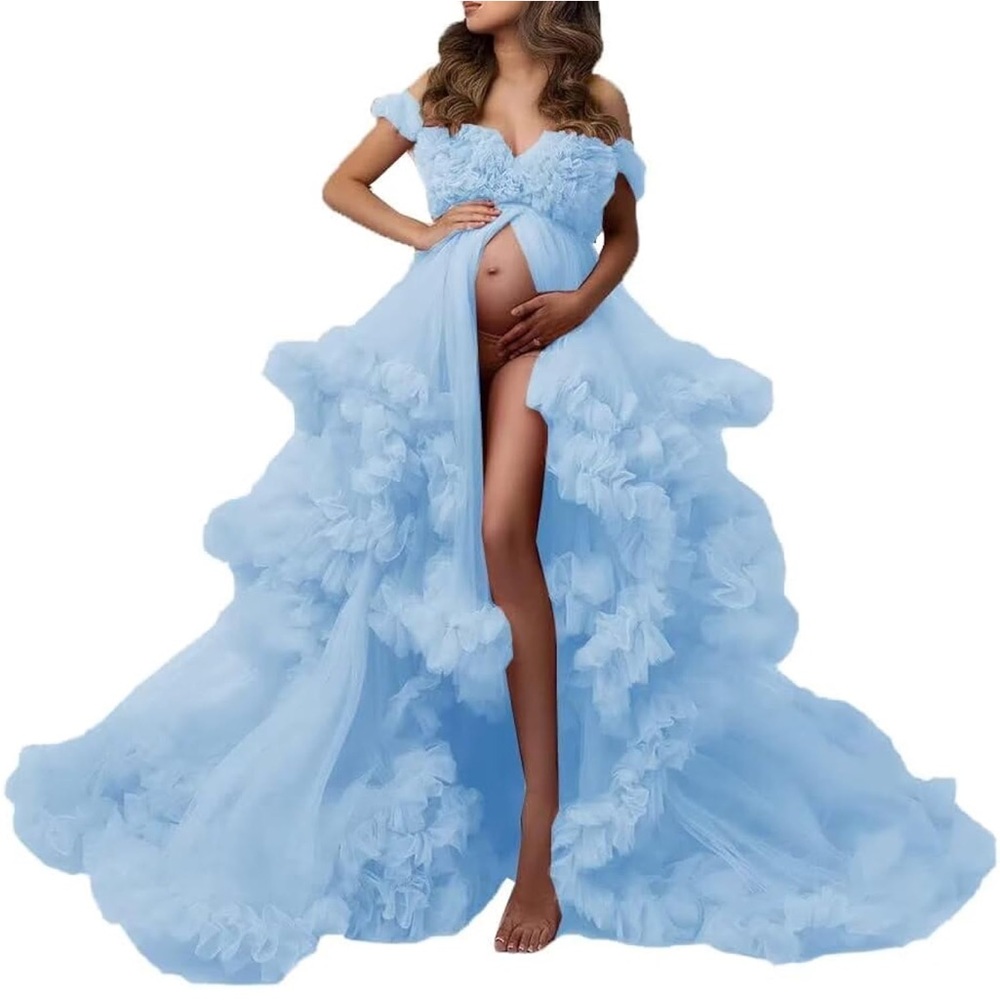 Blue Ruffled Tiered Prom Gown
